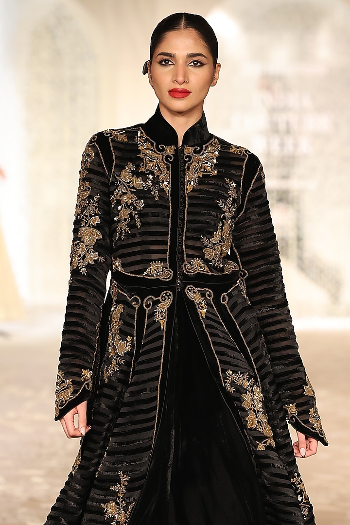 Black Velvet Applique Embroidered Long Jacket by Rohit Bal at Pernia's Pop Up Shop