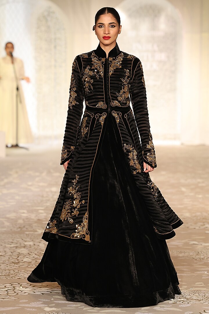 Black Velvet Applique Embroidered Long Jacket by Rohit Bal at Pernia's Pop Up Shop
