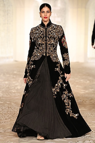 Black Velvet Embroidered Long Jacket by Rohit Bal