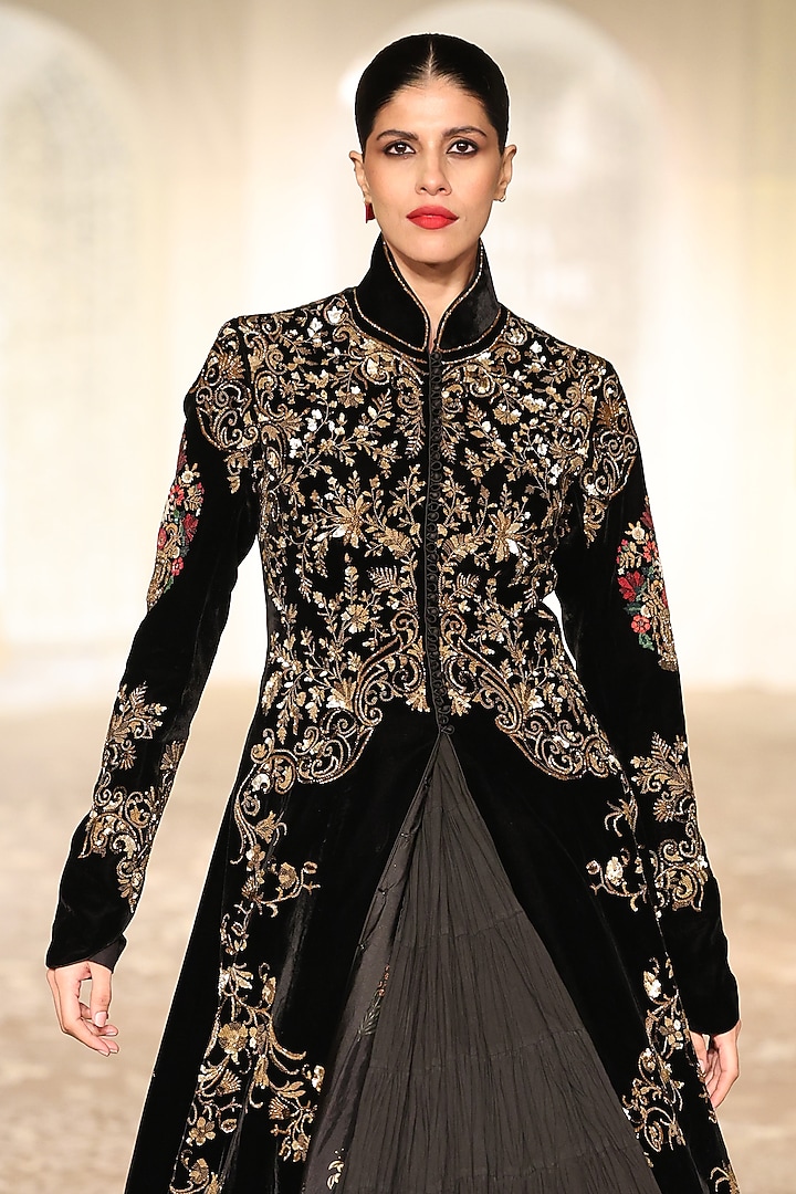 Black Velvet Embroidered Long Jacket by Rohit Bal at Pernia's Pop Up Shop