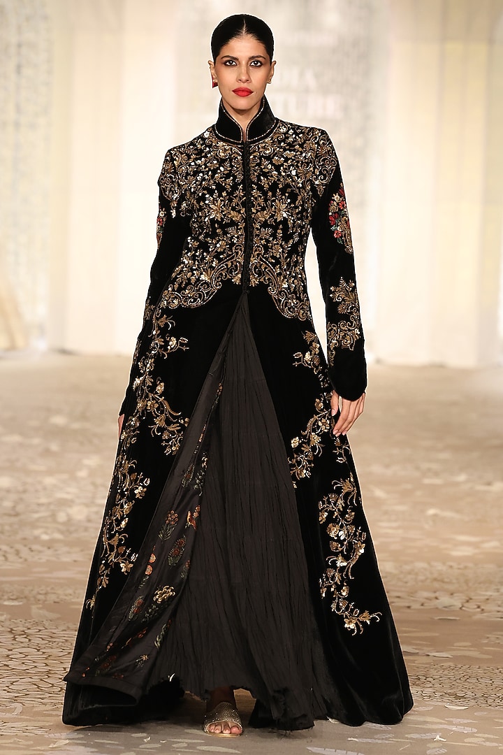 Black Velvet Embroidered Long Jacket by Rohit Bal at Pernia's Pop Up Shop