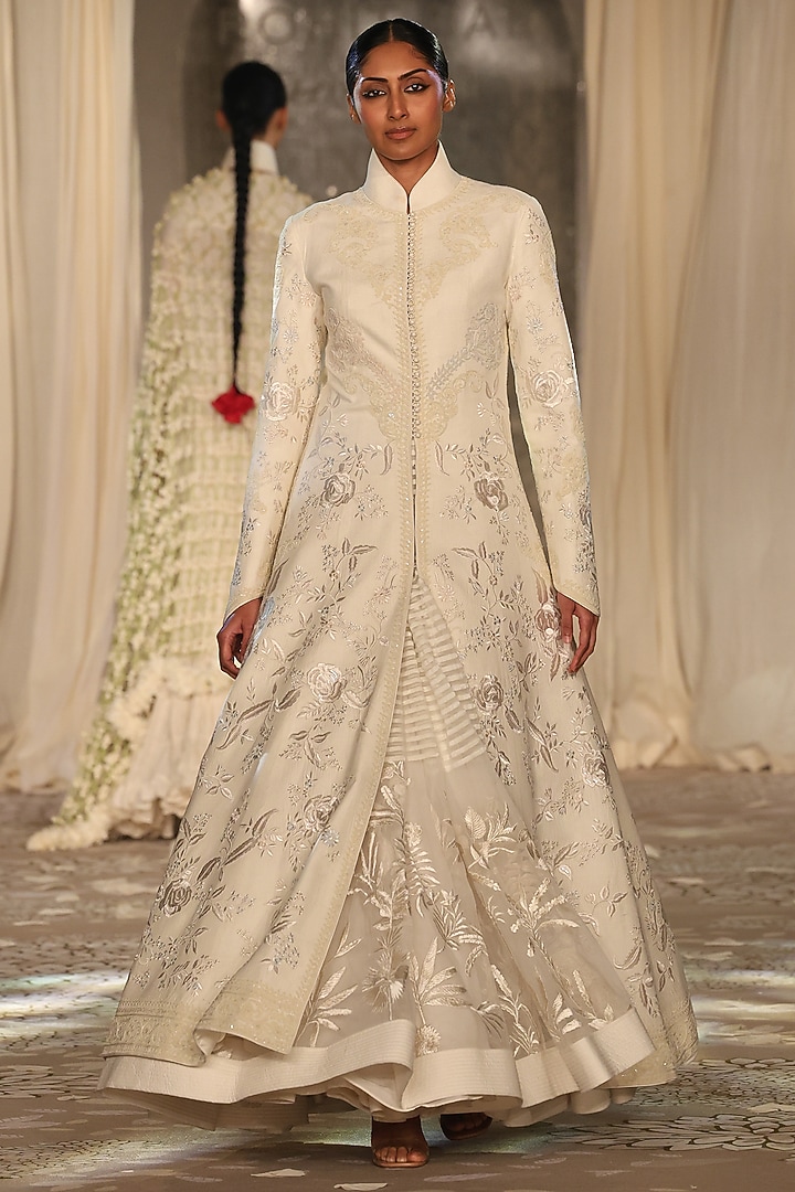 Ivory Matka Silk Embroidered Long Jacket by Rohit Bal at Pernia's Pop Up Shop