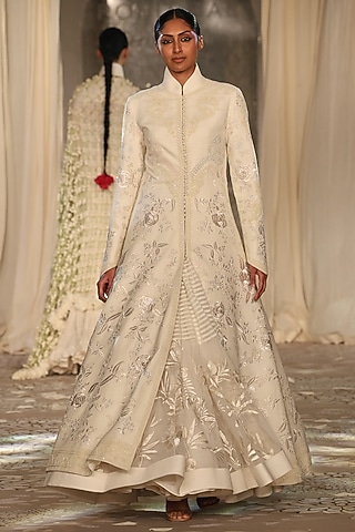 Ivory Matka Silk Embroidered Long Jacket by Rohit Bal