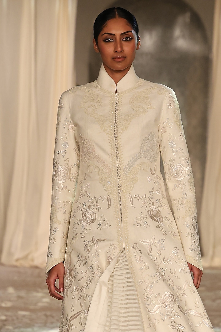 Ivory Matka Silk Embroidered Long Jacket by Rohit Bal at Pernia's Pop Up Shop