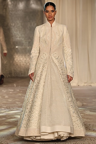 Ivory Matka Silk Embroidered Long Jacket by Rohit Bal