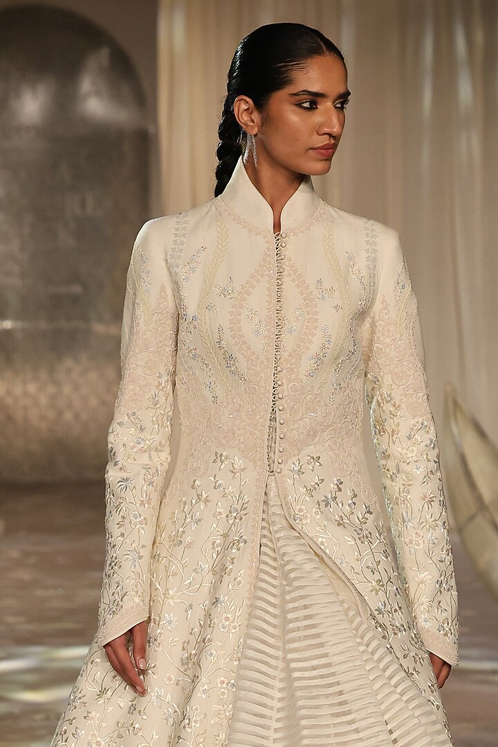Ivory Matka Silk Embroidered Long Jacket by Rohit Bal at Pernia's Pop Up Shop