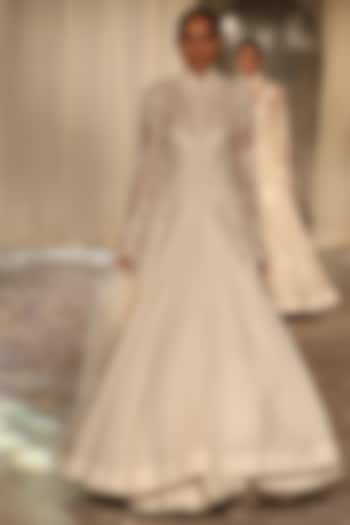 Ivory Organza Floral Embroidered Long Jacket by Rohit Bal at Pernia's Pop Up Shop