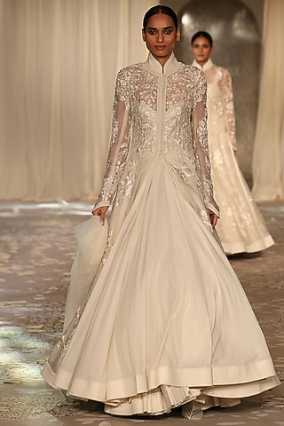 Ivory Organza Floral Embroidered Long Jacket by Rohit Bal