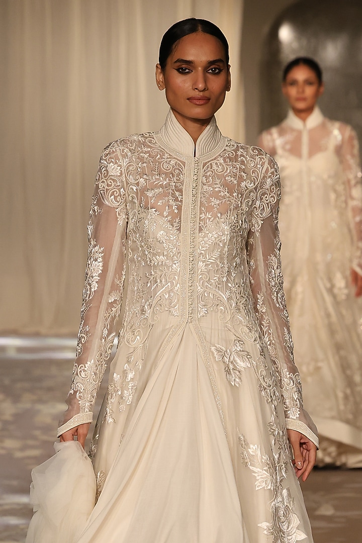 Ivory Organza Floral Embroidered Long Jacket by Rohit Bal at Pernia's Pop Up Shop