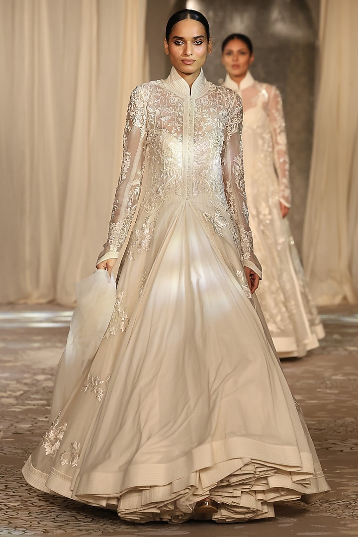 Ivory Organza Floral Embroidered Long Jacket by Rohit Bal at Pernia's Pop Up Shop