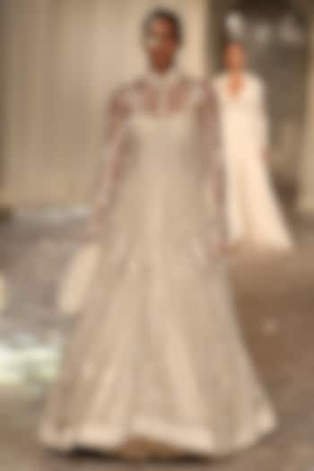 Ivory Organza Floral Embroidered Long Jacket by Rohit Bal at Pernia's Pop Up Shop