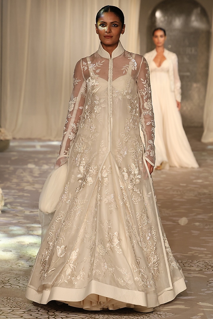 Ivory Organza Floral Embroidered Long Jacket by Rohit Bal at Pernia's Pop Up Shop