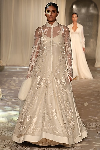Ivory Organza Floral Embroidered Long Jacket by Rohit Bal