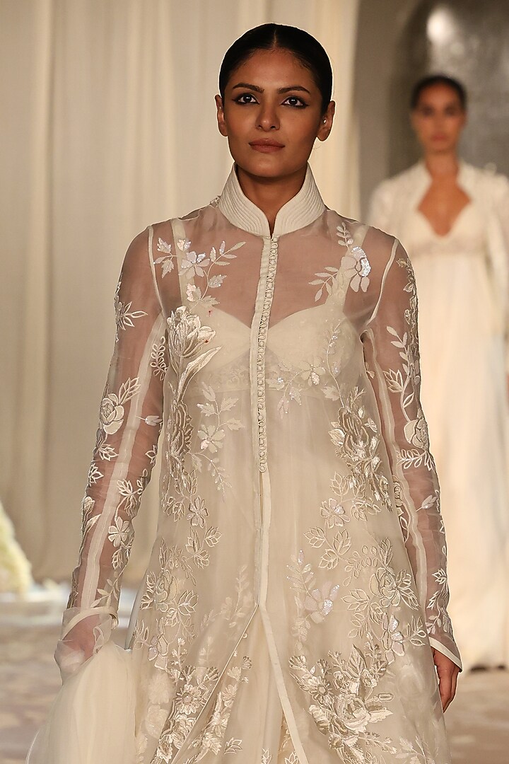 Ivory Organza Floral Embroidered Long Jacket by Rohit Bal at Pernia's Pop Up Shop