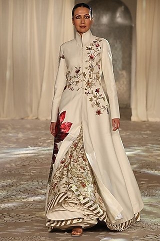 Ivory Matka Silk Embroidered Long Jacket by Rohit Bal