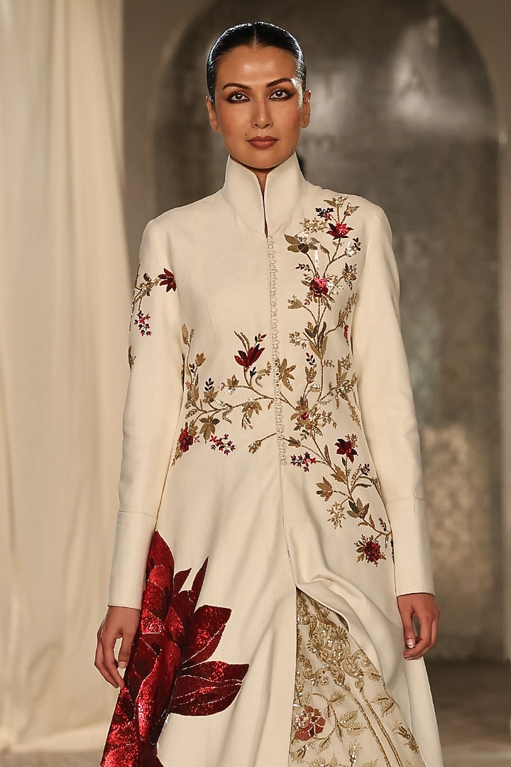 Ivory Matka Silk Embroidered Long Jacket by Rohit Bal at Pernia's Pop Up Shop