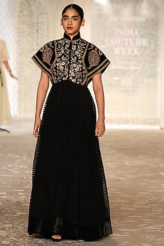 Black Velvet Embroidered Short Jacket by Rohit Bal