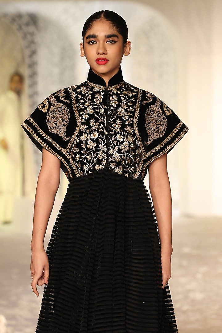 Black Velvet Embroidered Short Jacket by Rohit Bal at Pernia's Pop Up Shop