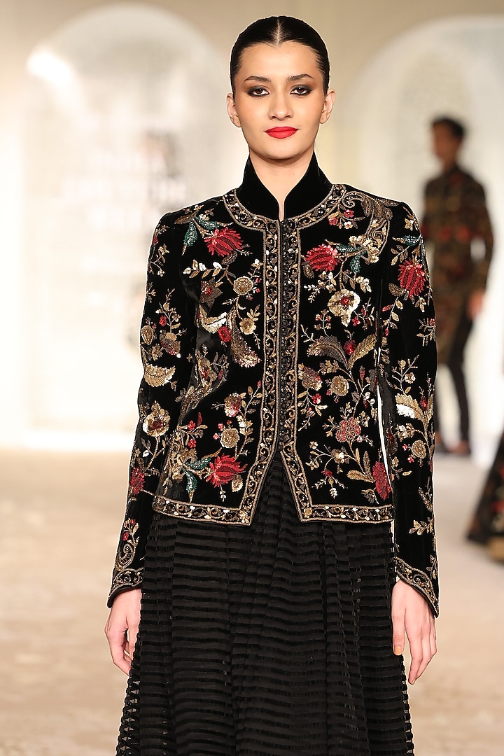 Black Velvet Embroidered Short Jacket by Rohit Bal at Pernia's Pop Up Shop
