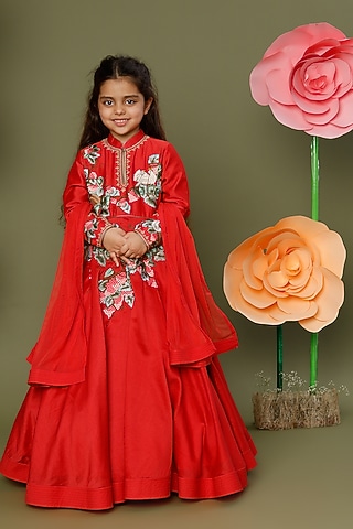 Red Embroidered Anarkali Set For Girls by BAL BACHCHE by ROHIT BAL