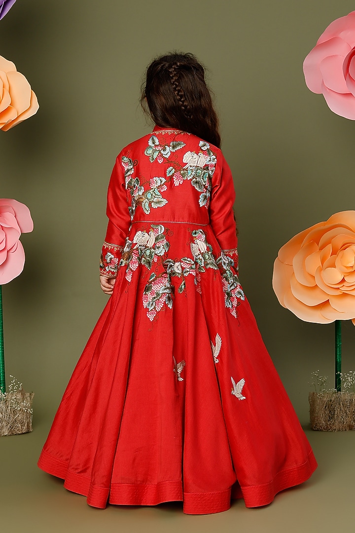 Red Embroidered Anarkali Set For Girls by BAL BACHCHE by ROHIT BAL at Pernia's Pop Up Shop