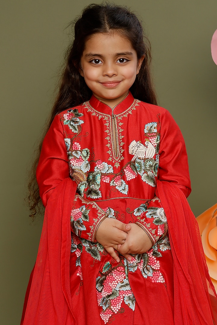 Red Embroidered Anarkali Set For Girls by BAL BACHCHE by ROHIT BAL at Pernia's Pop Up Shop