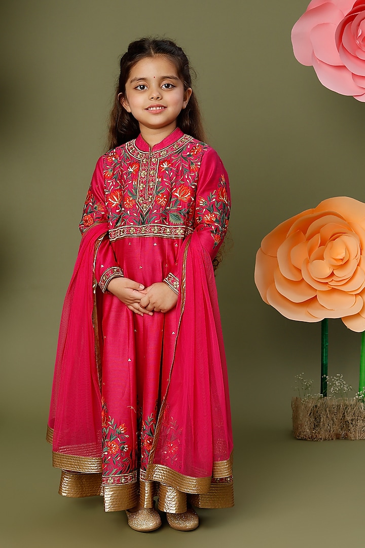 Fuchsia Floral Embroidered Anarkali Set For Girls by BAL BACHCHE by ROHIT BAL