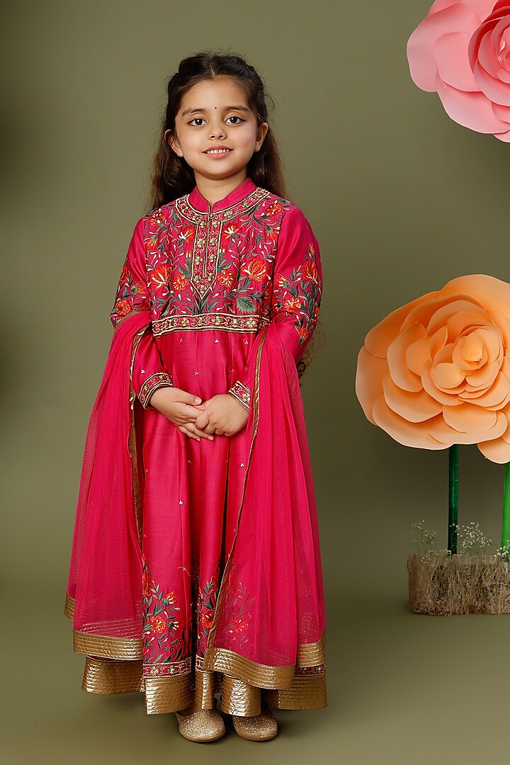 Fuchsia Floral Embroidered Anarkali Set For Girls by BAL BACHCHE by ROHIT BAL