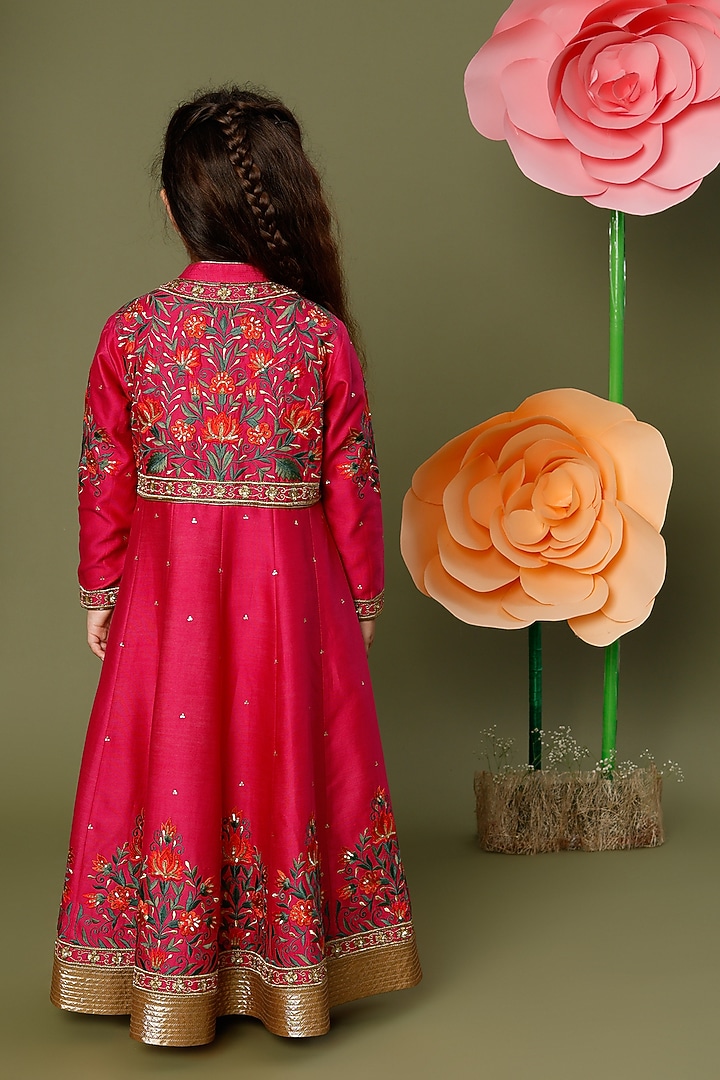 Fuchsia Floral Embroidered Anarkali Set For Girls by BAL BACHCHE by ROHIT BAL at Pernia's Pop Up Shop