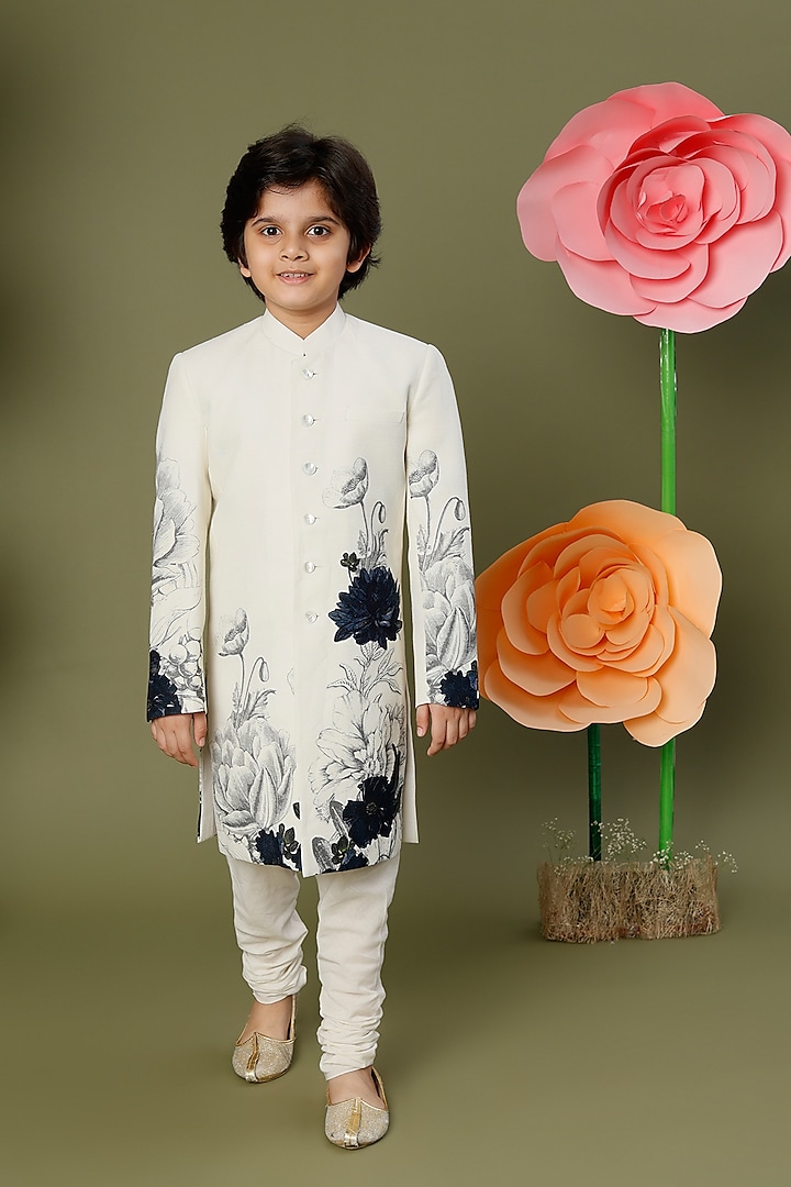 Ivory Printed Sherwani For Boys by BAL BACHCHE by ROHIT BAL