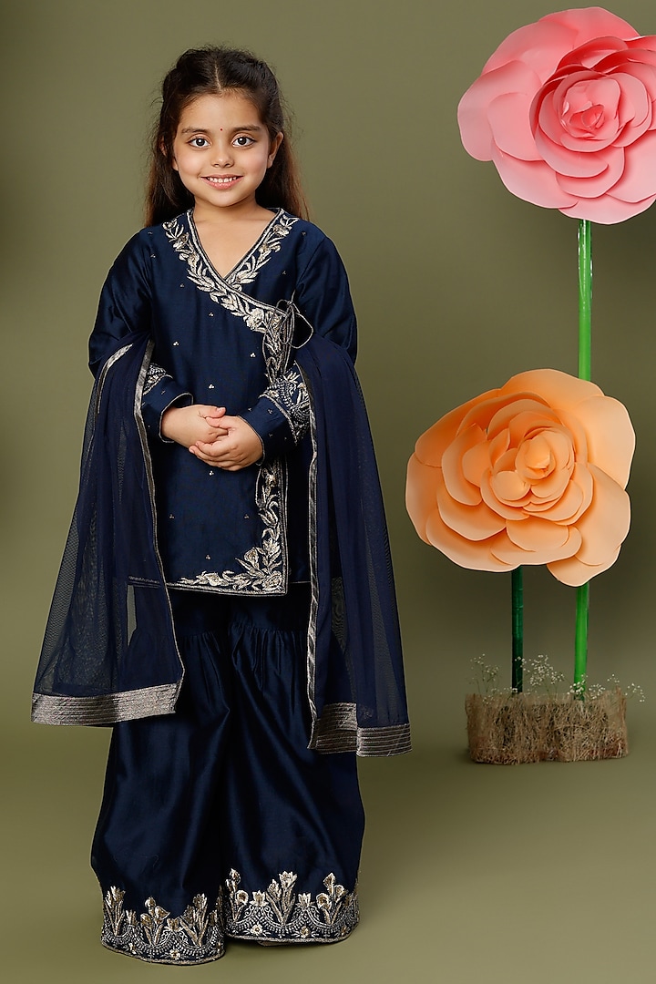 Indigo Embroidered Kurta Set For Girls by BAL BACHCHE by ROHIT BAL