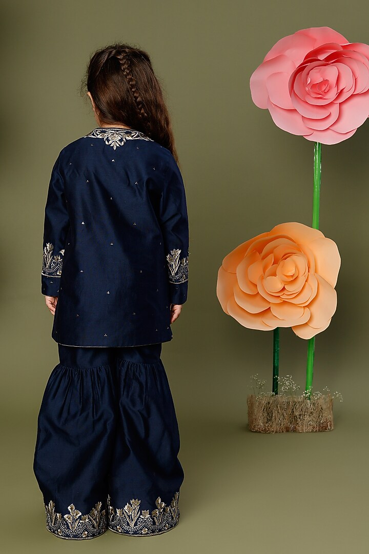Indigo Embroidered Kurta Set For Girls by BAL BACHCHE by ROHIT BAL at Pernia's Pop Up Shop