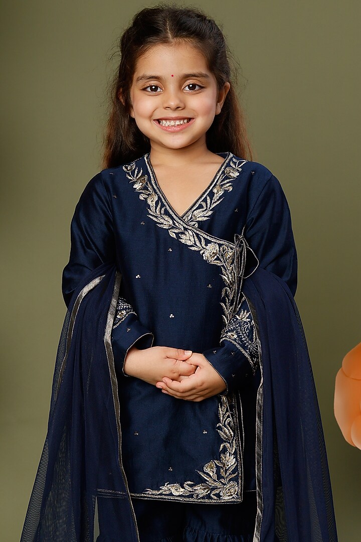 Indigo Embroidered Kurta Set For Girls by BAL BACHCHE by ROHIT BAL at Pernia's Pop Up Shop