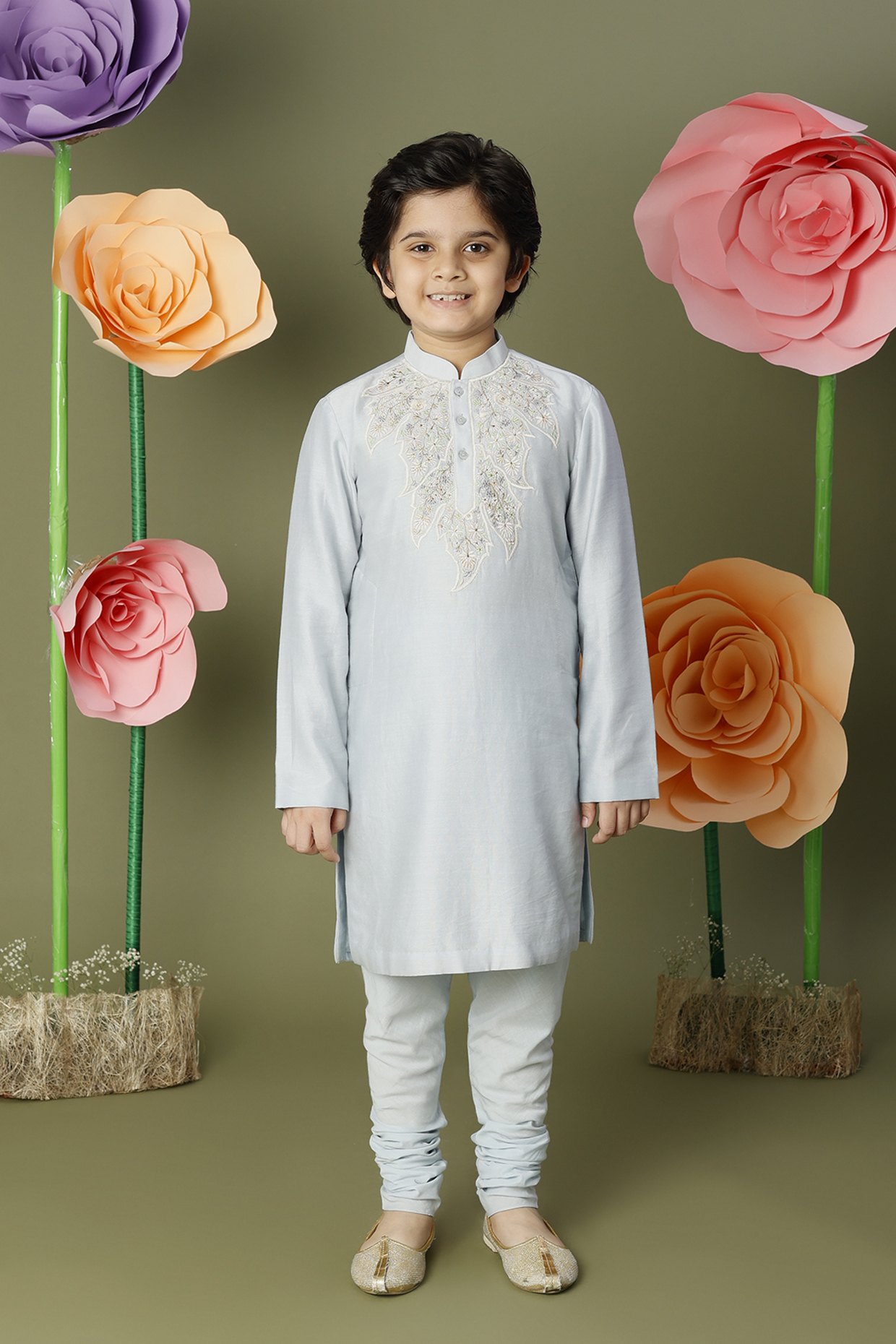 Powder Blue Embroidered Kurta Set For Boys by BAL BACHCHE by ROHIT BAL