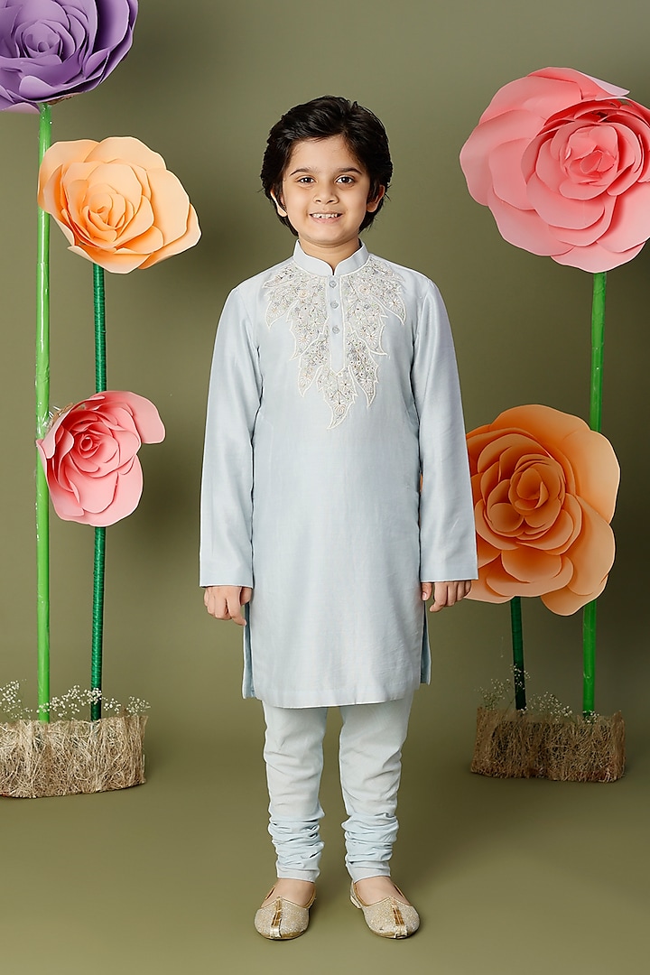 Powder Blue Embroidered Kurta Set For Boys by BAL BACHCHE by ROHIT BAL