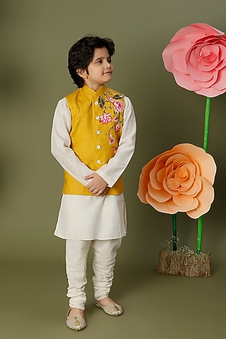 Mustard Yellow Bundi Jacket With Kurta Set For Boys by BAL BACHCHE by ROHIT BAL