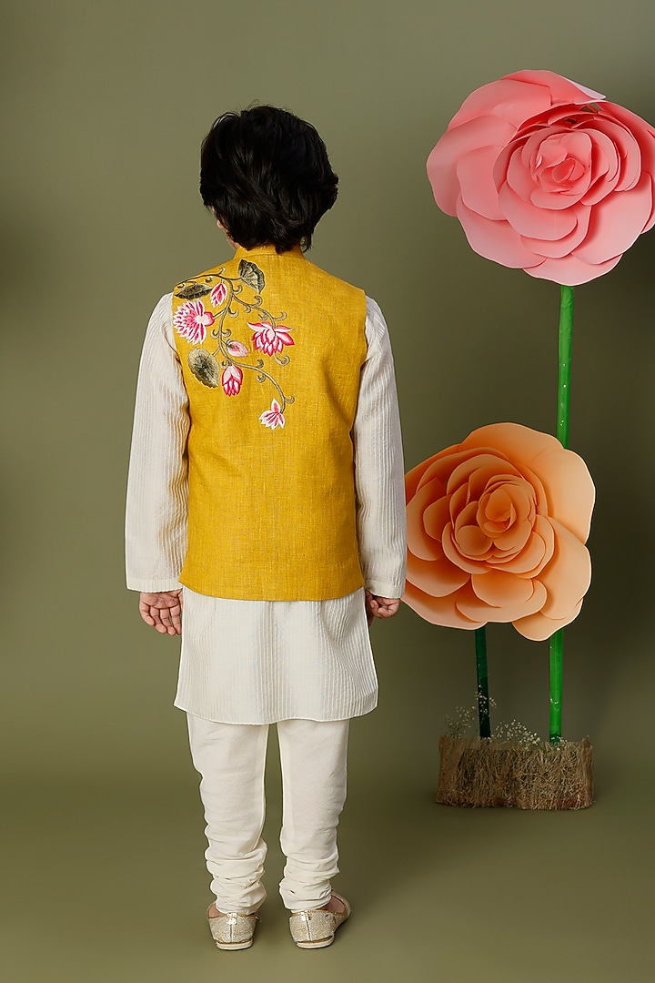 Mustard Yellow Bundi Jacket With Kurta Set For Boys by BAL BACHCHE by ROHIT BAL at Pernia's Pop Up Shop