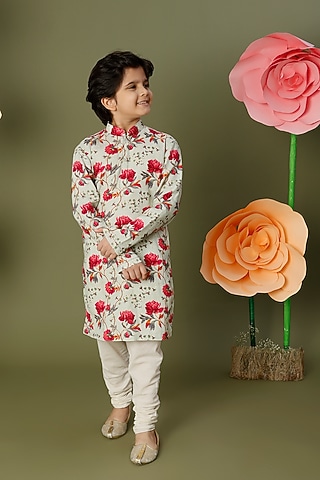 Ivory Floral Printed Kurta Set For Boys by BAL BACHCHE by ROHIT BAL
