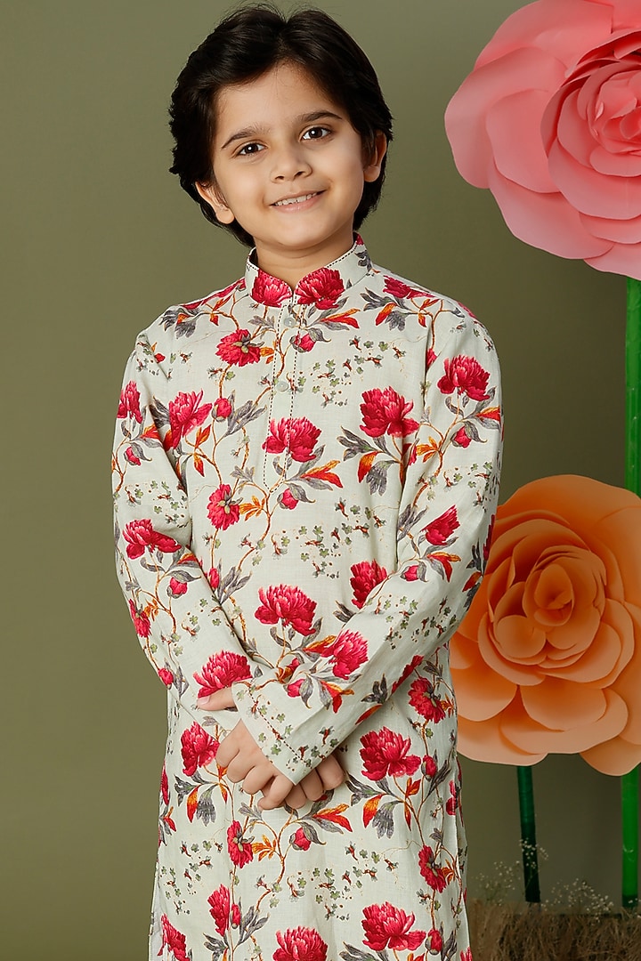 Ivory Floral Printed Kurta Set For Boys by BAL BACHCHE by ROHIT BAL at Pernia's Pop Up Shop