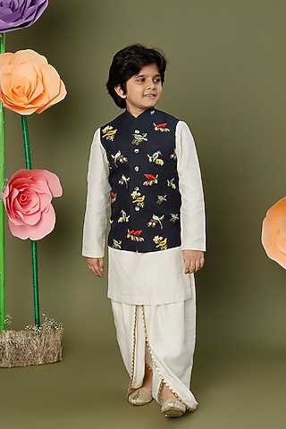Black Printed Bundi Jacket For Boys by BAL BACHCHE by ROHIT BAL