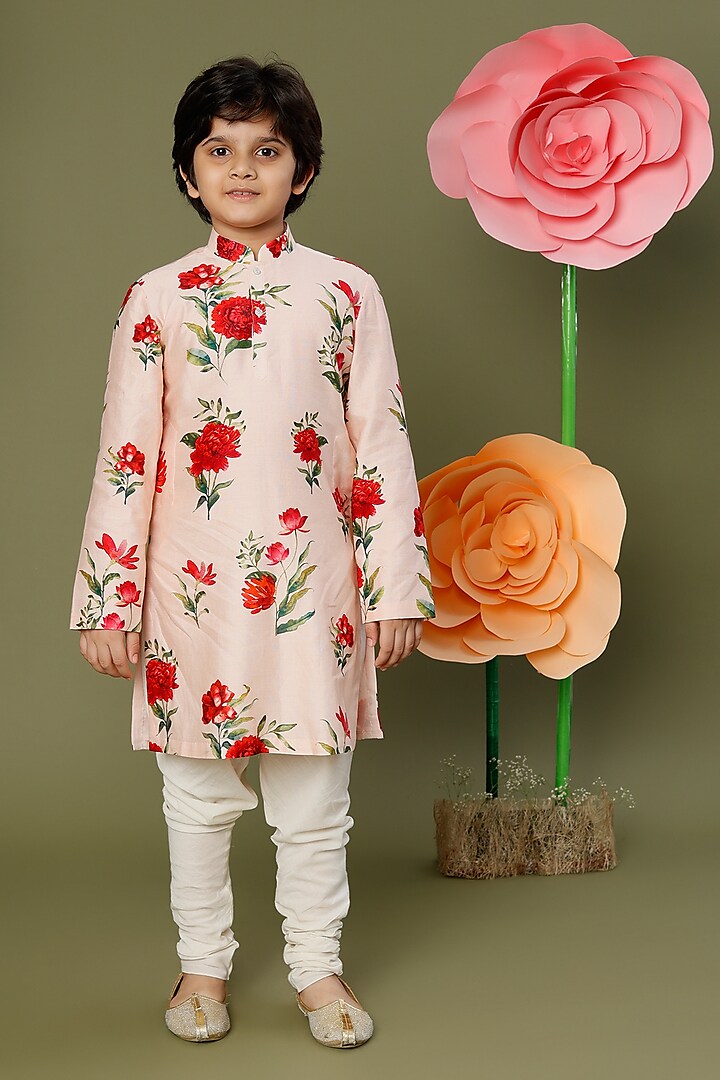Pink Floral Printed Kurta Set For Boys by BAL BACHCHE by ROHIT BAL