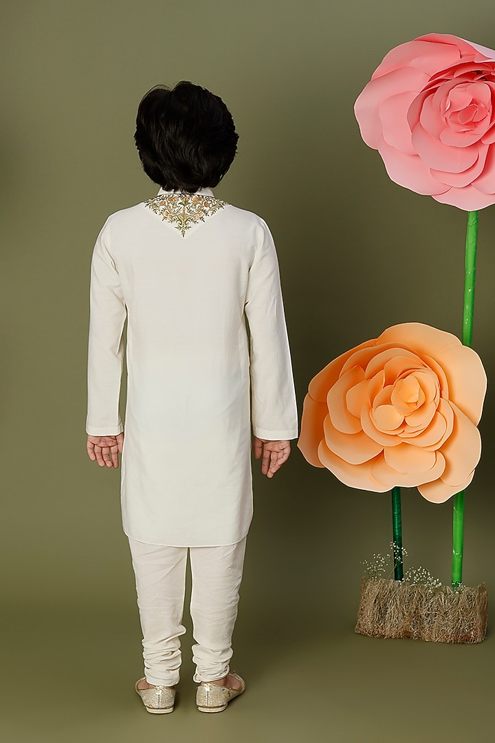 Ivory Matka Silk Embroidered Kurta Set For Boys by BAL BACHCHE by ROHIT BAL at Pernia's Pop Up Shop