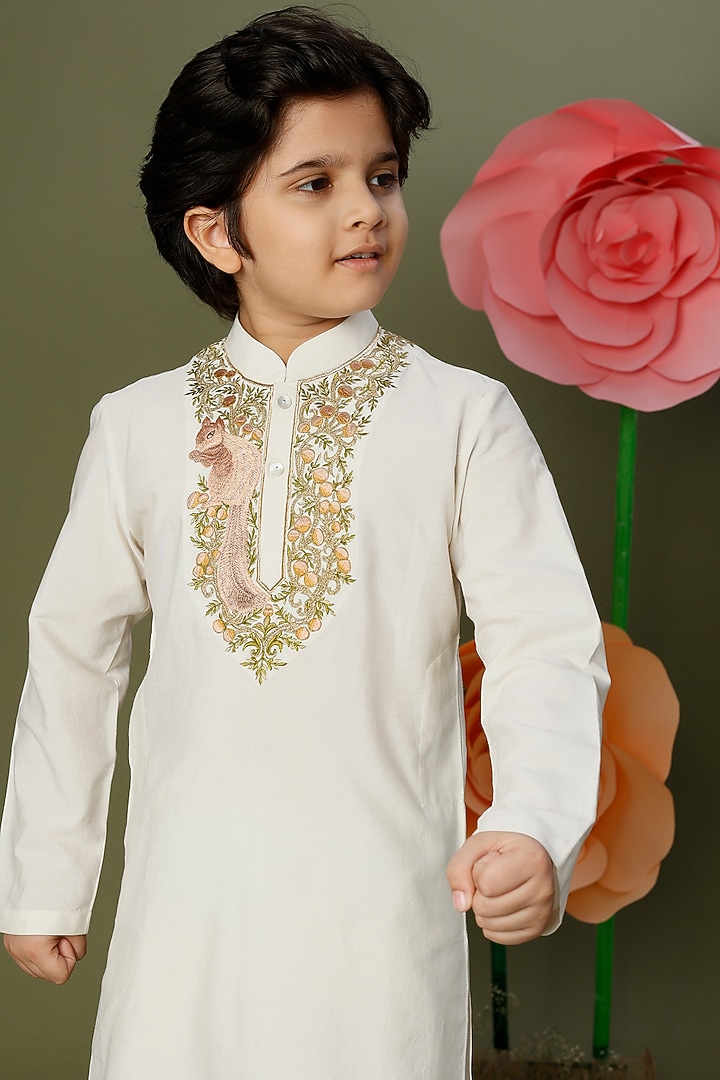 Ivory Matka Silk Embroidered Kurta Set For Boys by BAL BACHCHE by ROHIT BAL at Pernia's Pop Up Shop