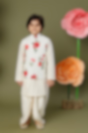 Ivory Floral Printed Bundi Jacket For Boys by BAL BACHCHE by ROHIT BAL