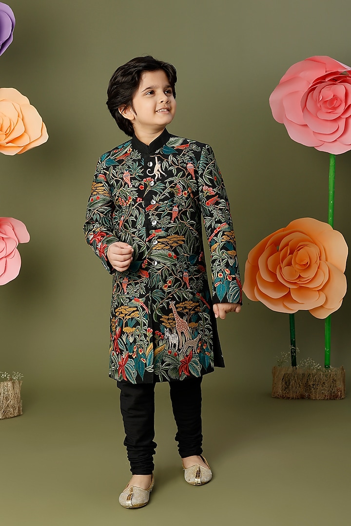 Black Embroidered Sherwani For Boys by BAL BACHCHE by ROHIT BAL