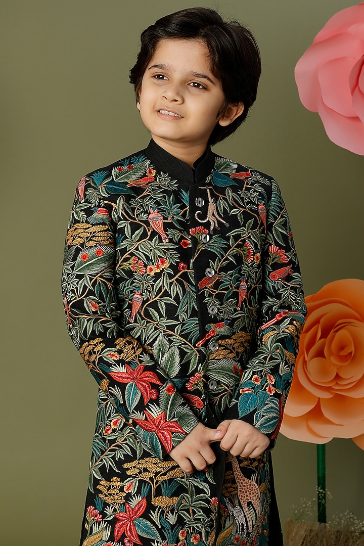 Black Embroidered Sherwani For Boys by BAL BACHCHE by ROHIT BAL at Pernia's Pop Up Shop