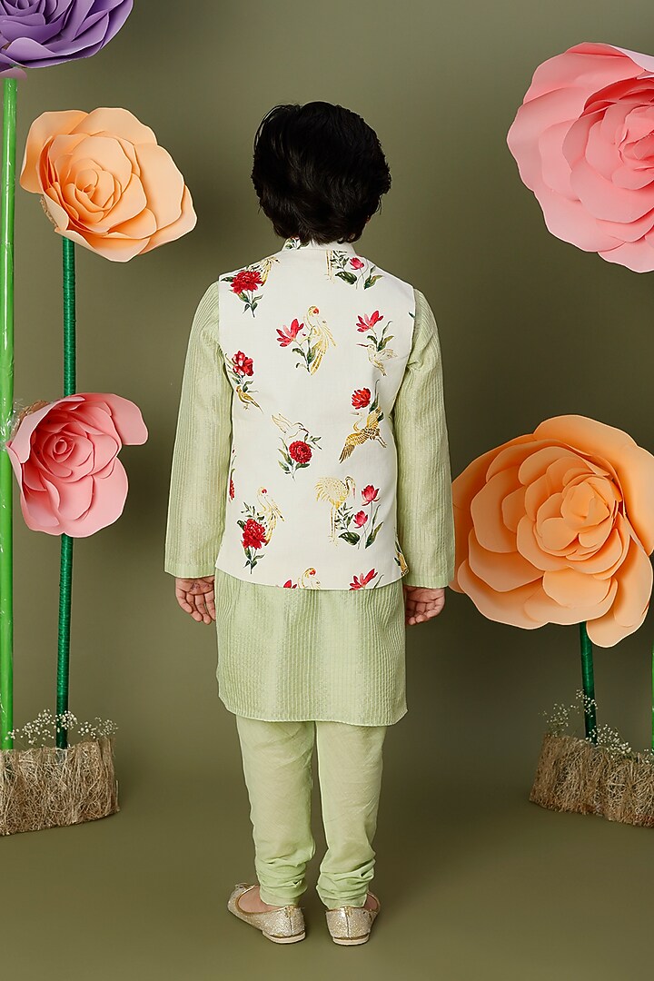 Ivory Linen Printed Bundi Jacket For Boys by BAL BACHCHE by ROHIT BAL at Pernia's Pop Up Shop