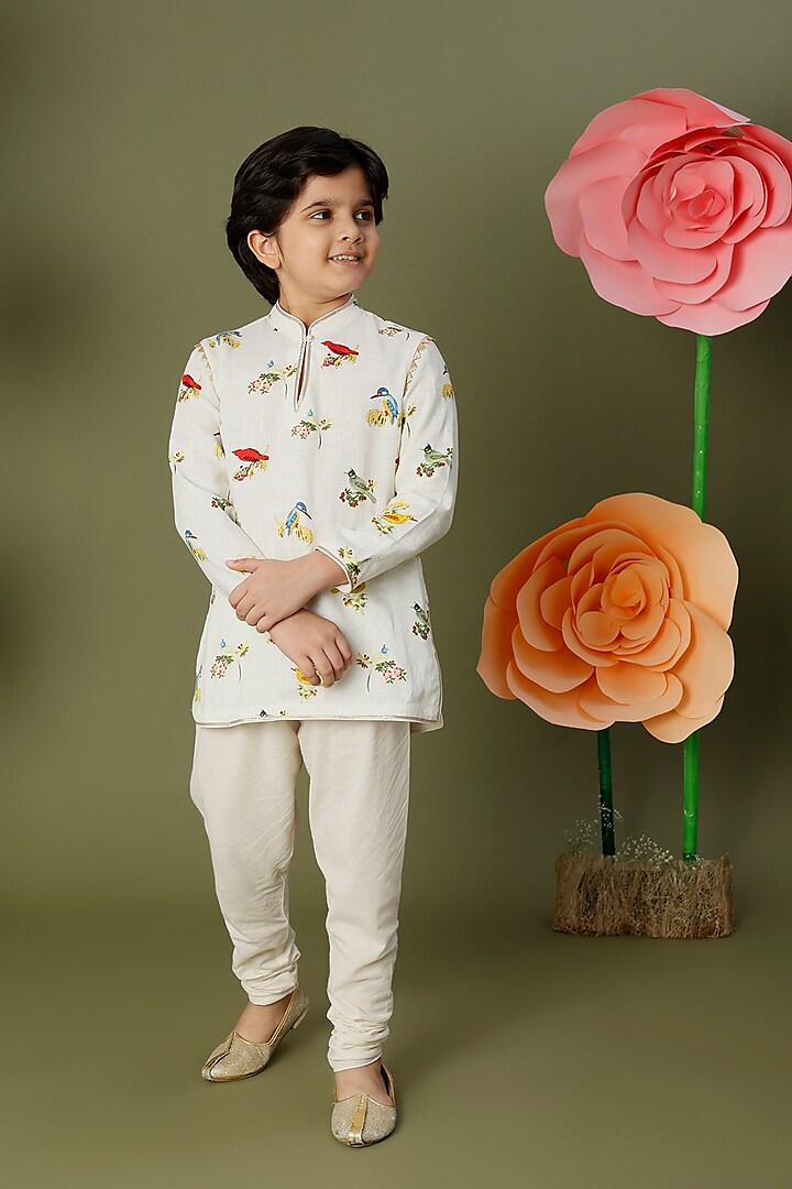 Ivory Linen Printed Kurta Set For Boys by BAL BACHCHE by ROHIT BAL