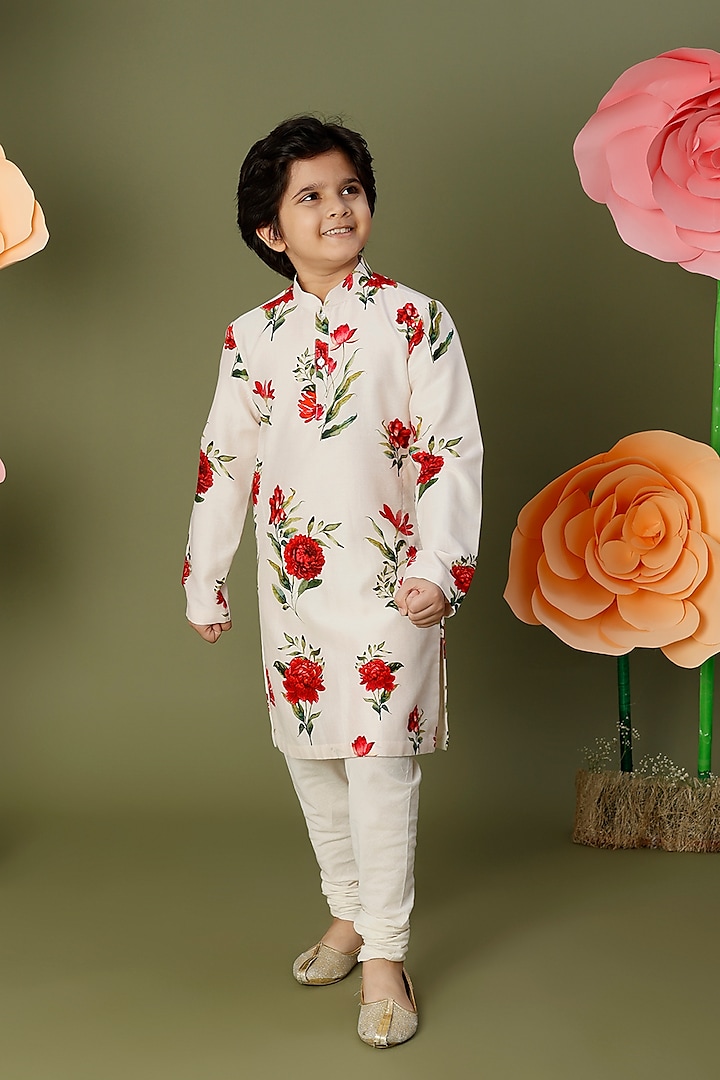 Ivory Floral Digital Printed Kurta Set For Boys by BAL BACHCHE by ROHIT BAL