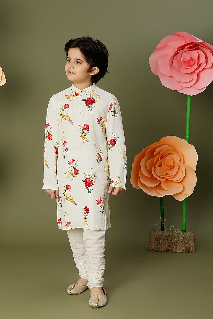 Ivory Linen Floral Printed Kurta Set For Boys by BAL BACHCHE by ROHIT BAL